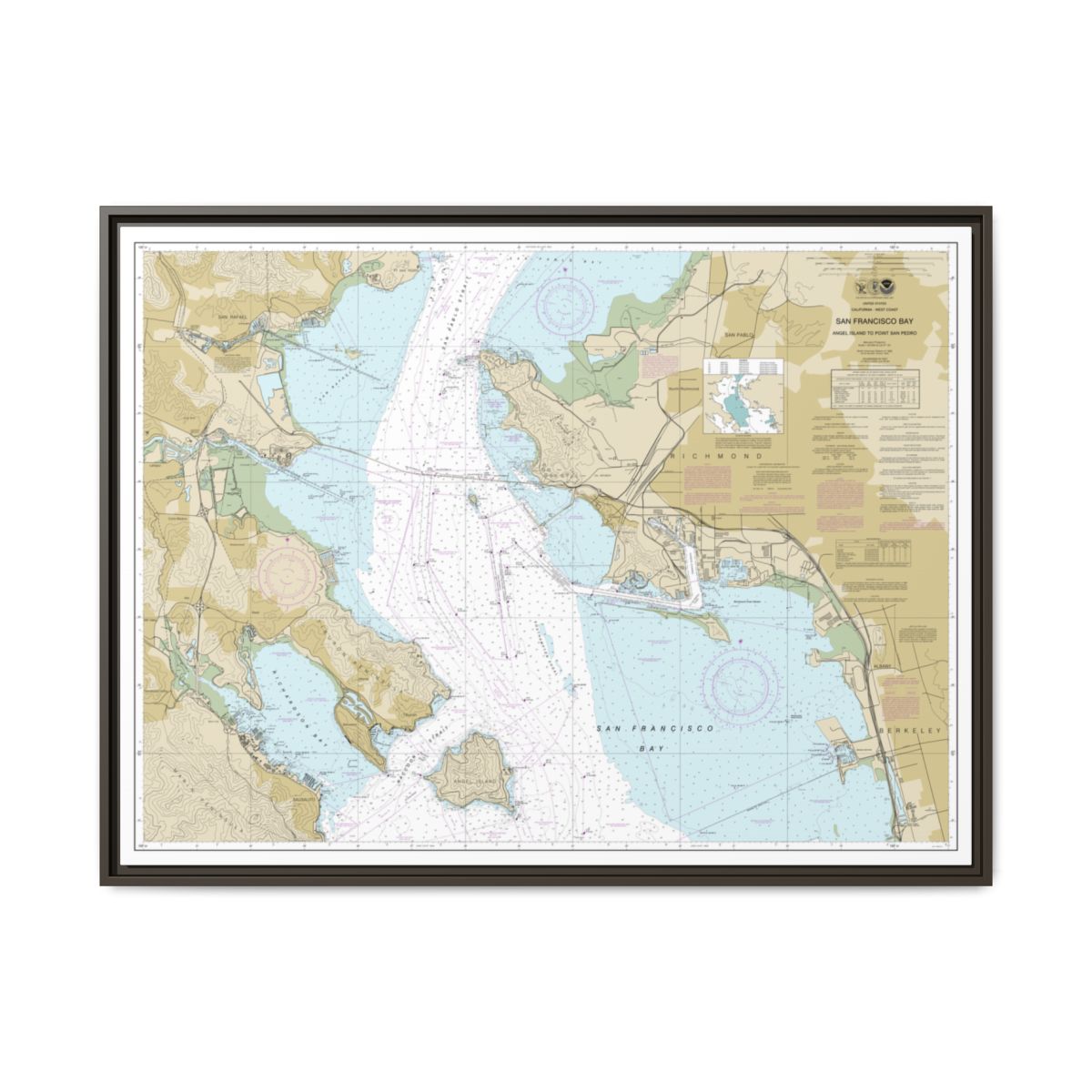 Chart 18653 San Francisco Bay-Angel Island to Point San Pedro - NOAA Nautical Chart Floating Frame Canvas | 32" x 24" | 40" x 30" - Espresso front