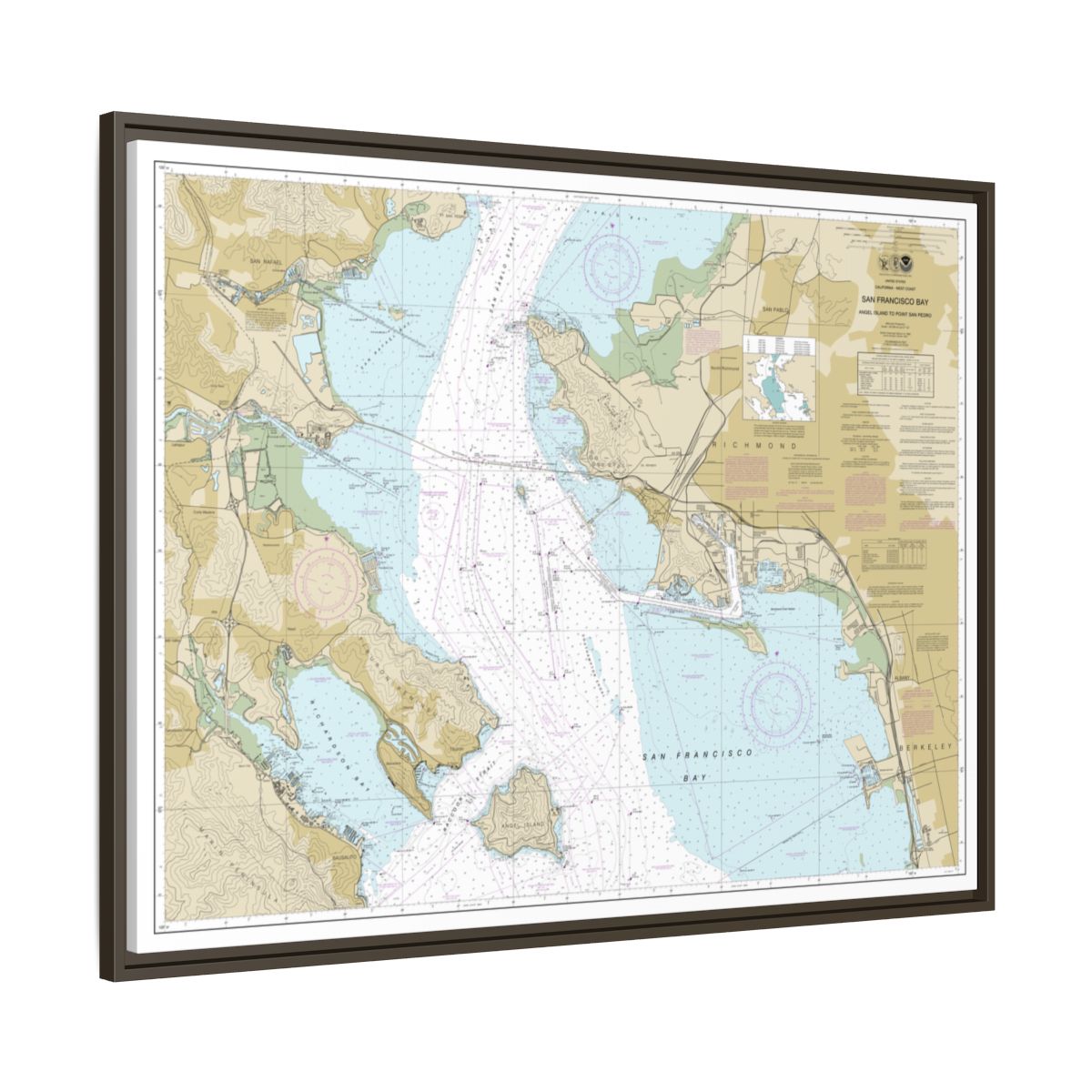 Chart 18653 San Francisco Bay-Angel Island to Point San Pedro - NOAA Nautical Chart Floating Frame Canvas | 32" x 24" | 40" x 30" - Espresso side