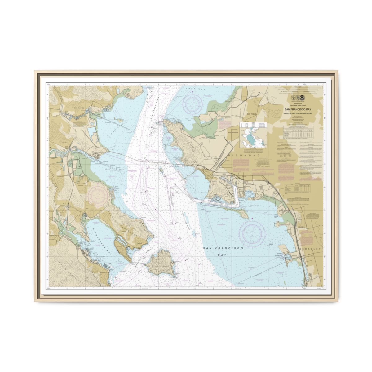 Chart 18653 San Francisco Bay-Angel Island to Point San Pedro - NOAA Nautical Chart Floating Frame Canvas | 32" x 24" | 40" x 30" - Natural front