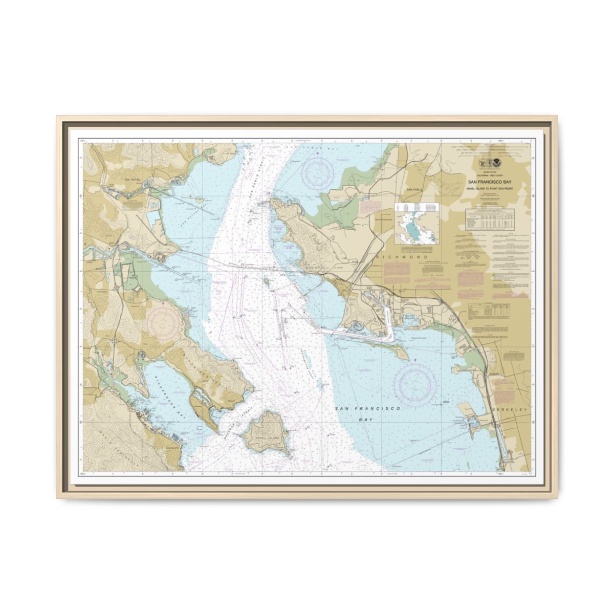 Chart 18653 San Francisco Bay-Angel Island to Point San Pedro - NOAA Nautical Chart Floating Frame Canvas | 32" x 24" | 40" x 30" - Natural front