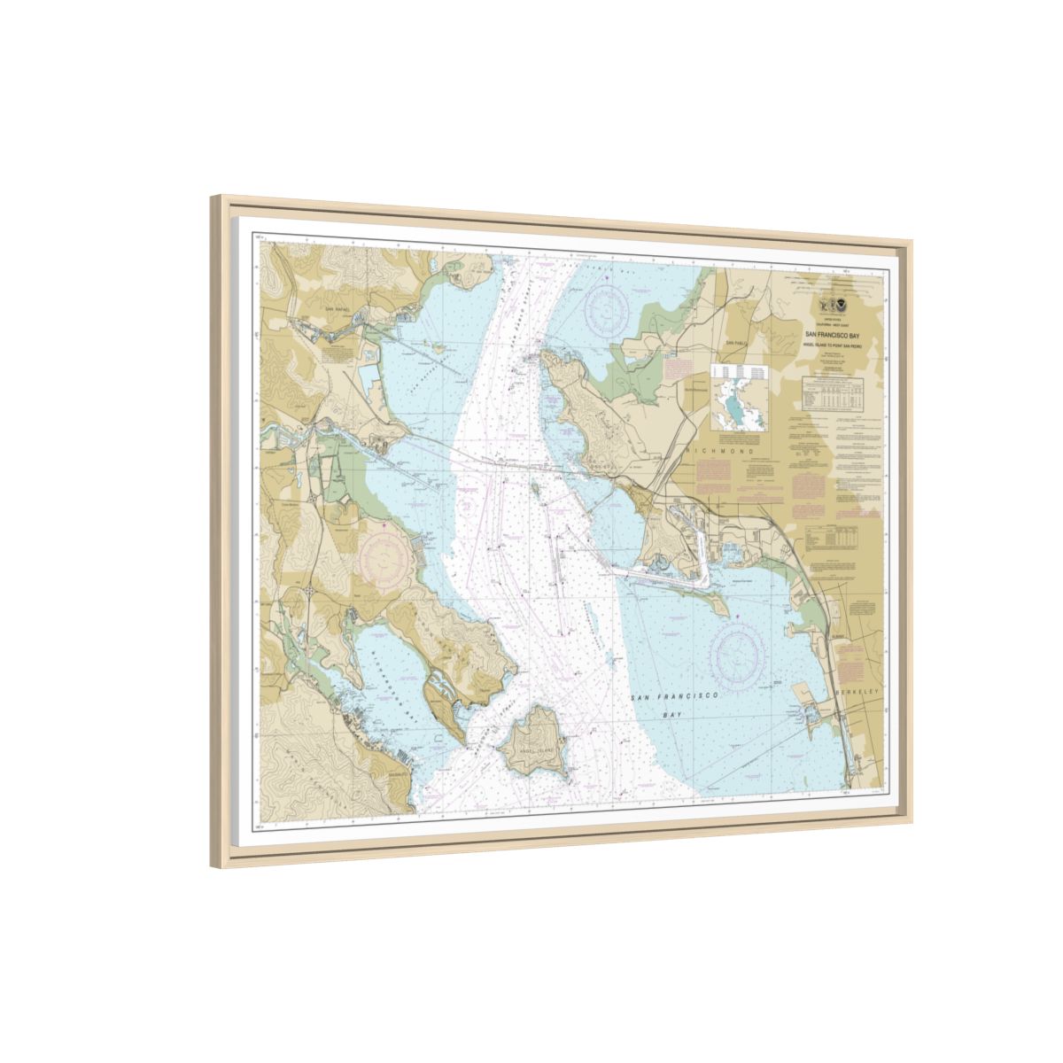 Chart 18653 San Francisco Bay-Angel Island to Point San Pedro - NOAA Nautical Chart Floating Frame Canvas | 32" x 24" | 40" x 30" - Natural side