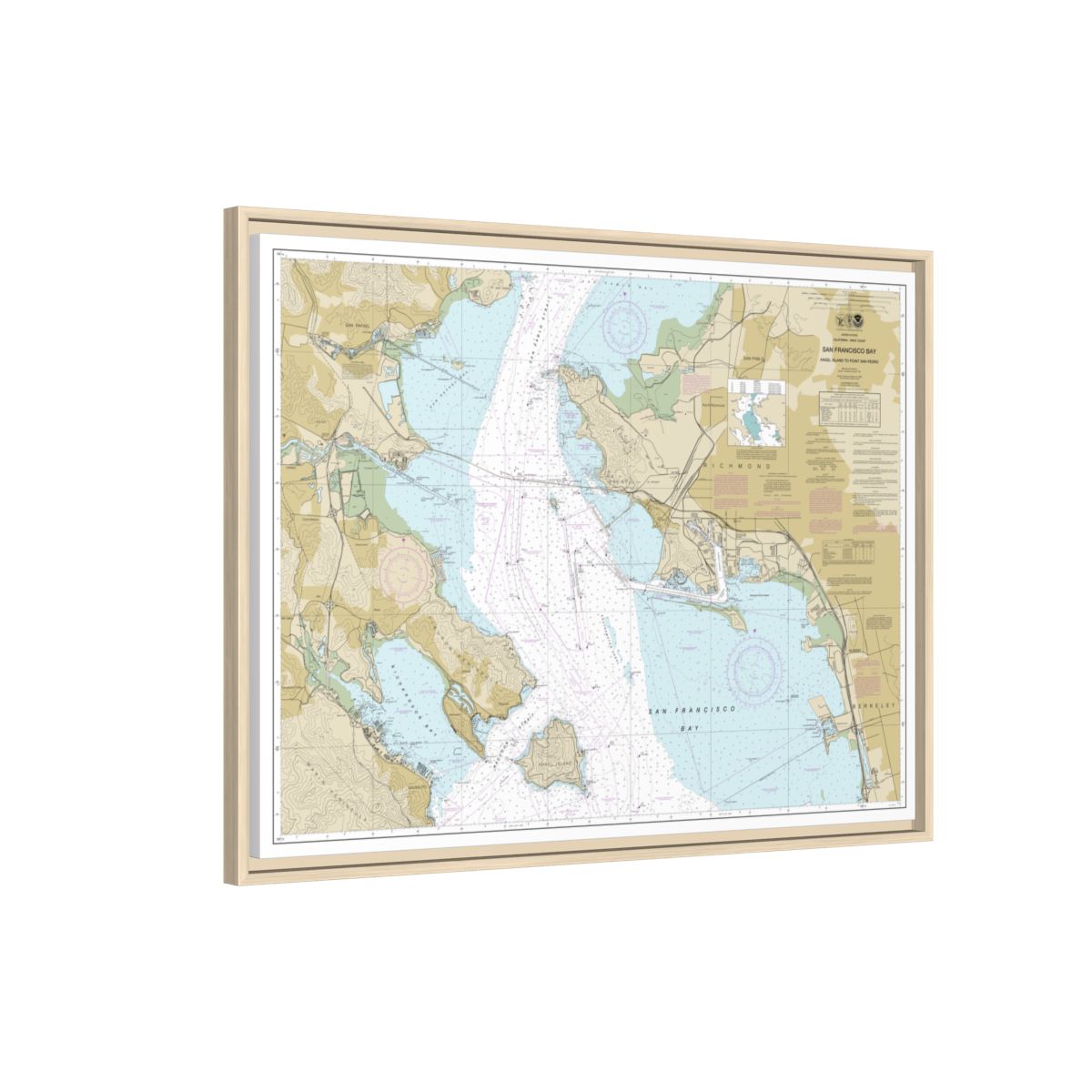 Chart 18653 San Francisco Bay-Angel Island to Point San Pedro - NOAA Nautical Chart Floating Frame Canvas | 32" x 24" | 40" x 30" - Natural side