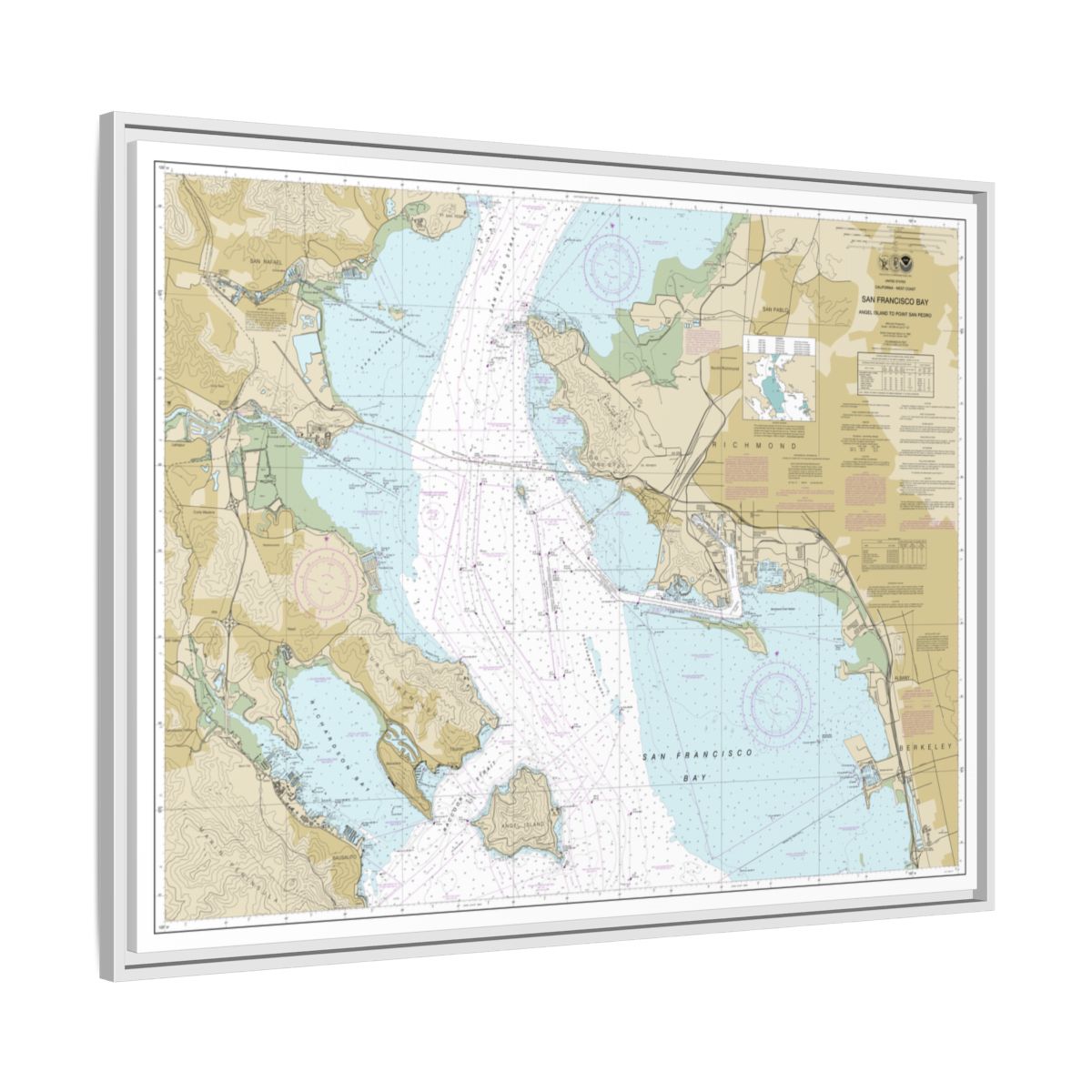 Chart 18653 San Francisco Bay-Angel Island to Point San Pedro - NOAA Nautical Chart Floating Frame Canvas | 32" x 24" | 40" x 30" - White side