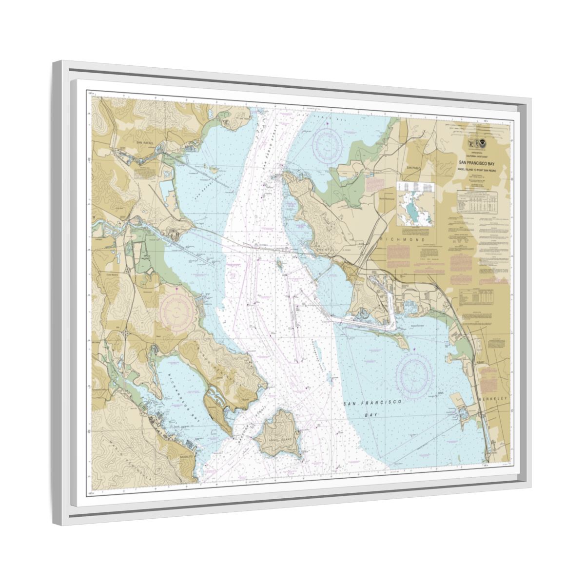 Chart 18653 San Francisco Bay-Angel Island to Point San Pedro - NOAA Nautical Chart Floating Frame Canvas | 32" x 24" | 40" x 30" - White side