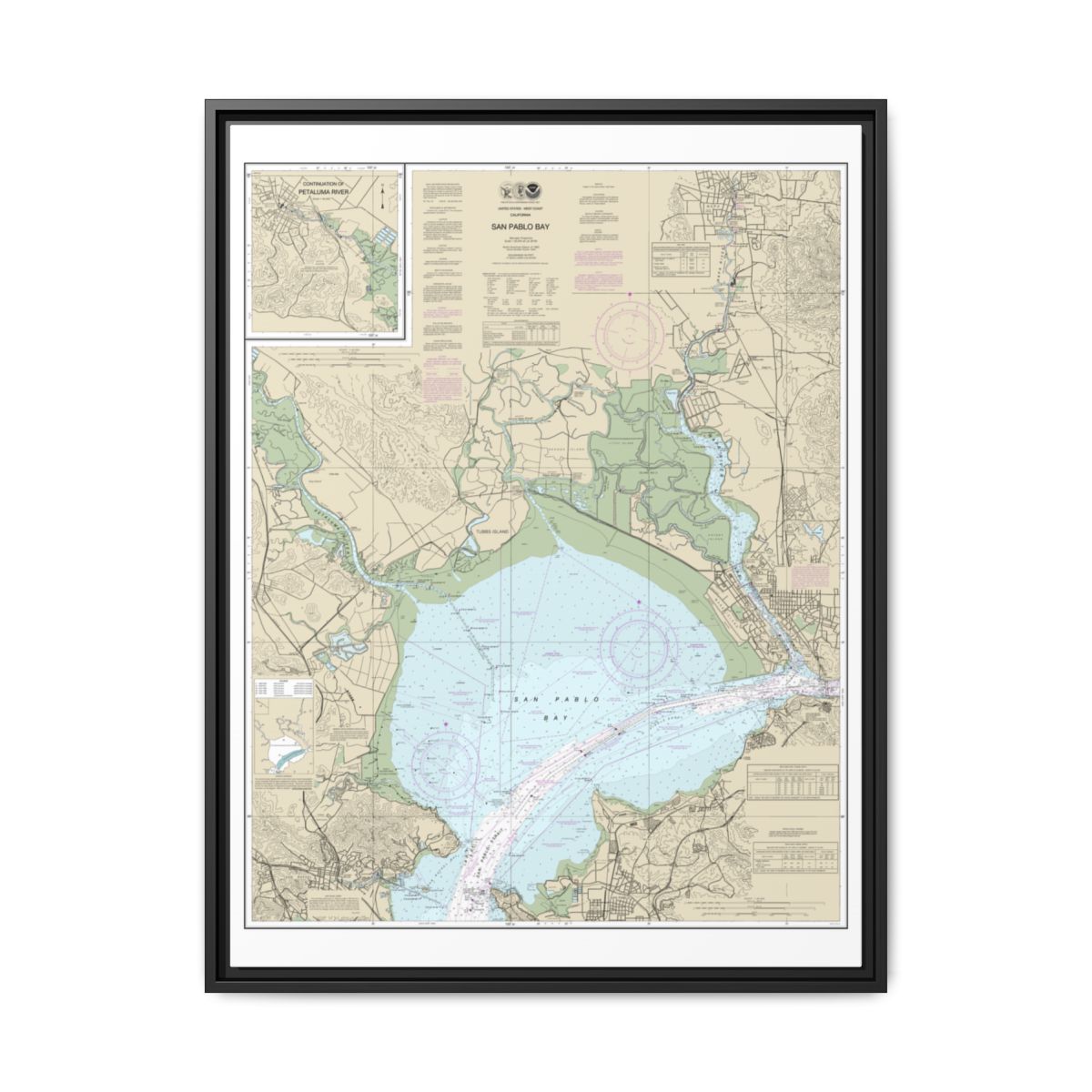 Chart 18654 San Pablo Bay - NOAA Nautical Chart Floating Frame Canvas | 24" x 32" | 30" x 40" - Black front