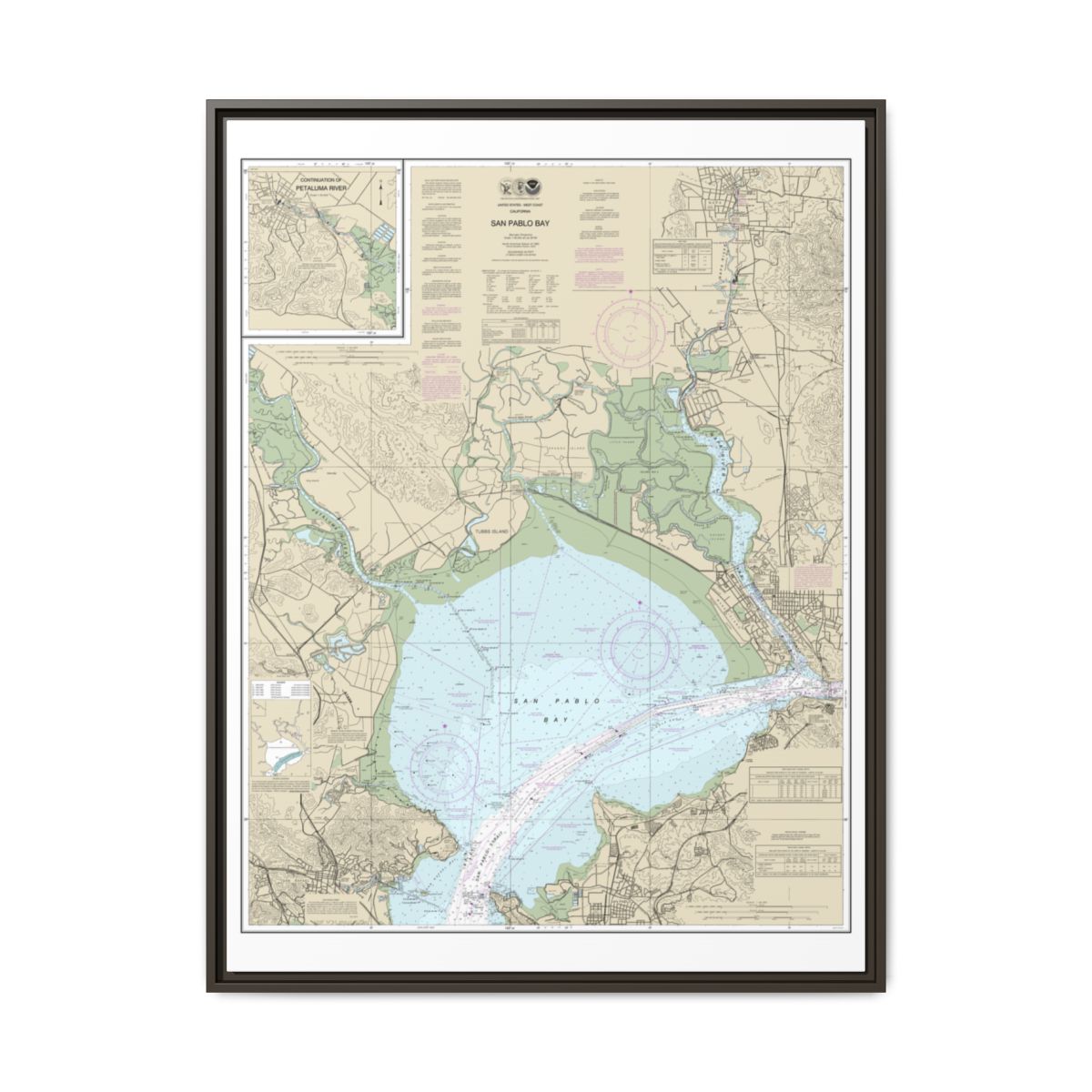 Chart 18654 San Pablo Bay - NOAA Nautical Chart Floating Frame Canvas | 24" x 32" | 30" x 40" - Espresso front