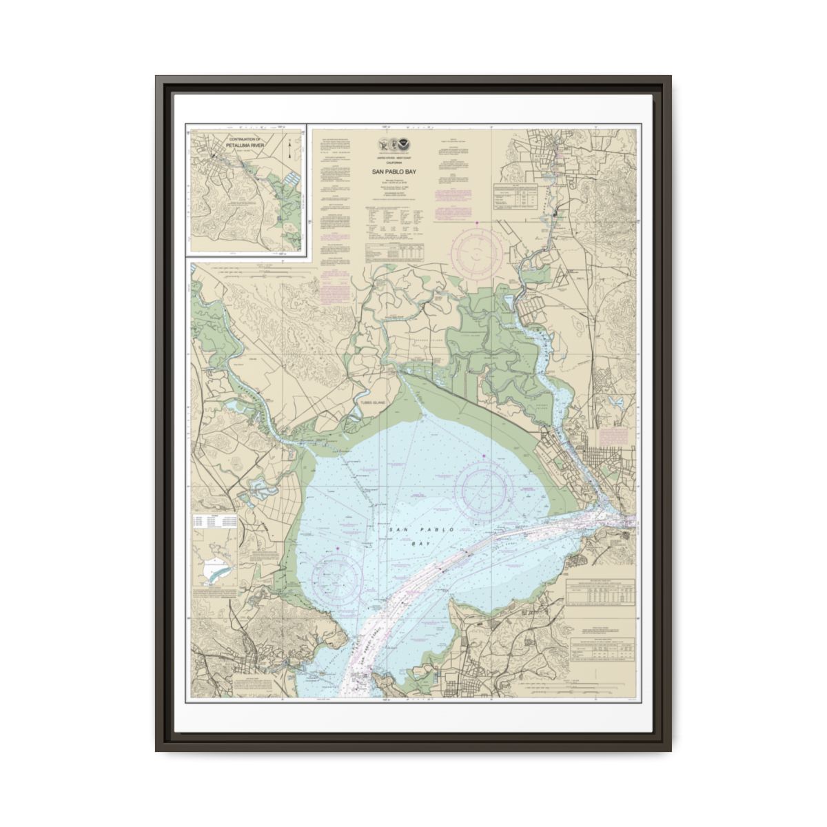 Chart 18654 San Pablo Bay - NOAA Nautical Chart Floating Frame Canvas | 24" x 32" | 30" x 40" - Espresso front