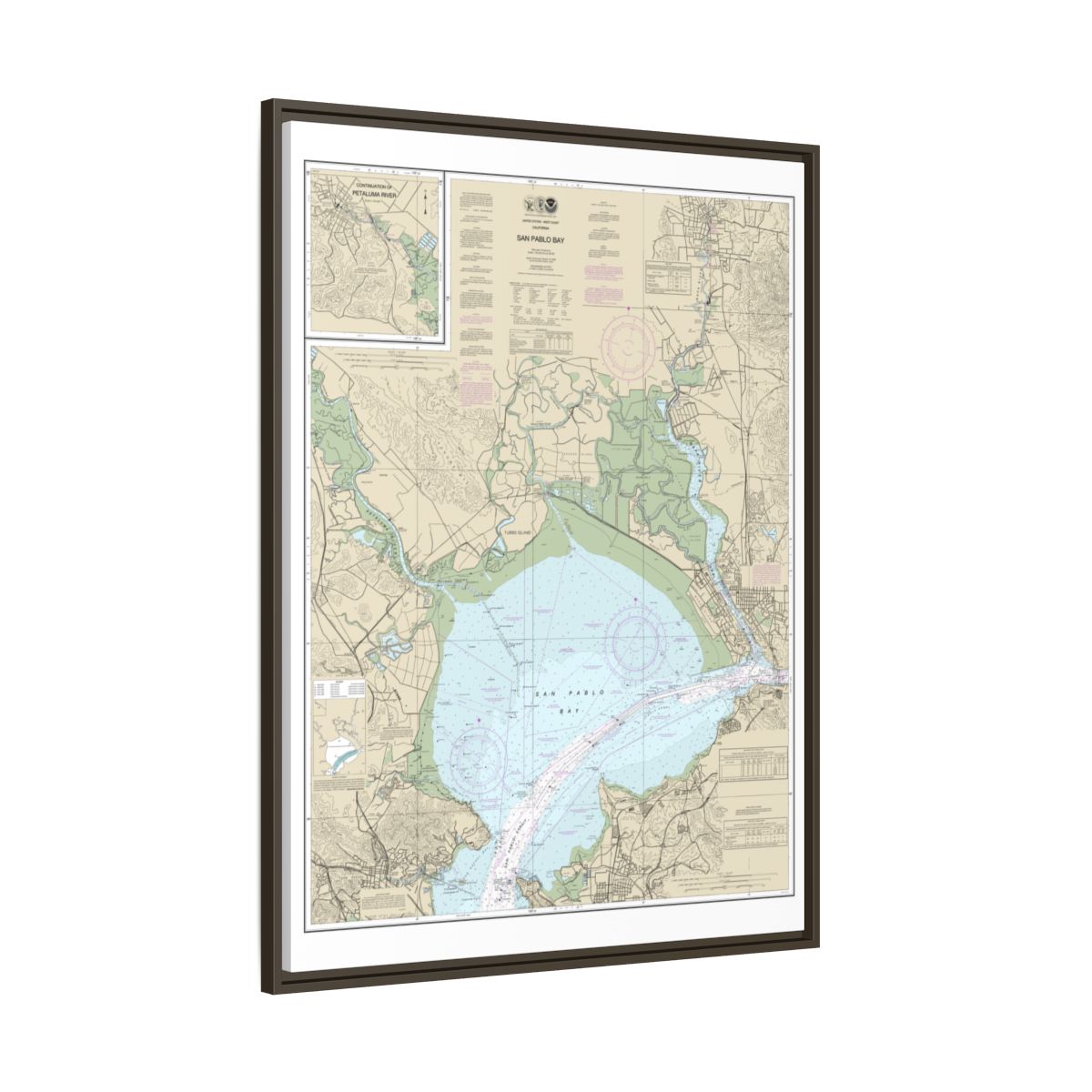 Chart 18654 San Pablo Bay - NOAA Nautical Chart Floating Frame Canvas | 24" x 32" | 30" x 40" - Espresso side