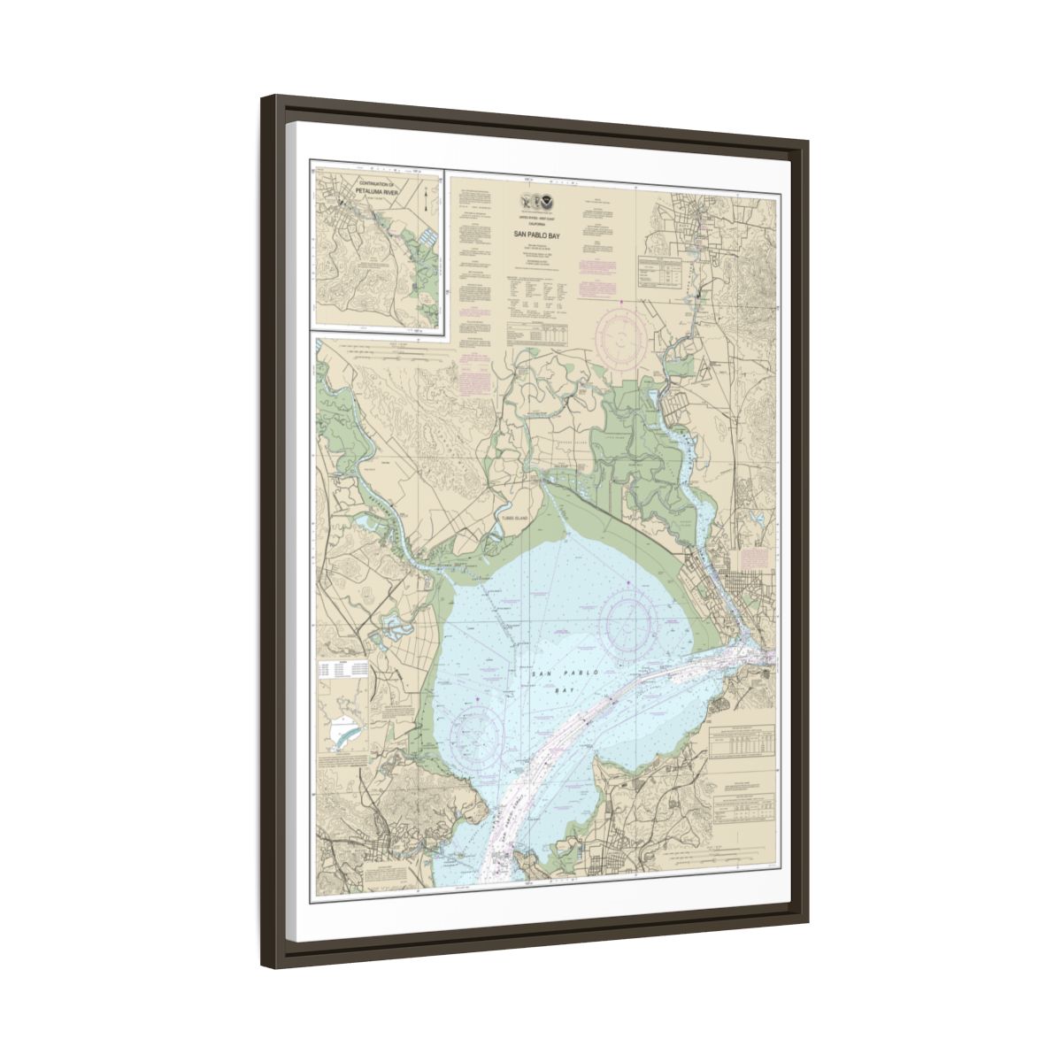 Chart 18654 San Pablo Bay - NOAA Nautical Chart Floating Frame Canvas | 24" x 32" | 30" x 40" - Espresso side