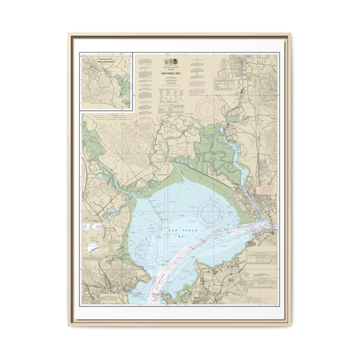 Chart 18654 San Pablo Bay - NOAA Nautical Chart Floating Frame Canvas | 24" x 32" | 30" x 40" - Natural front