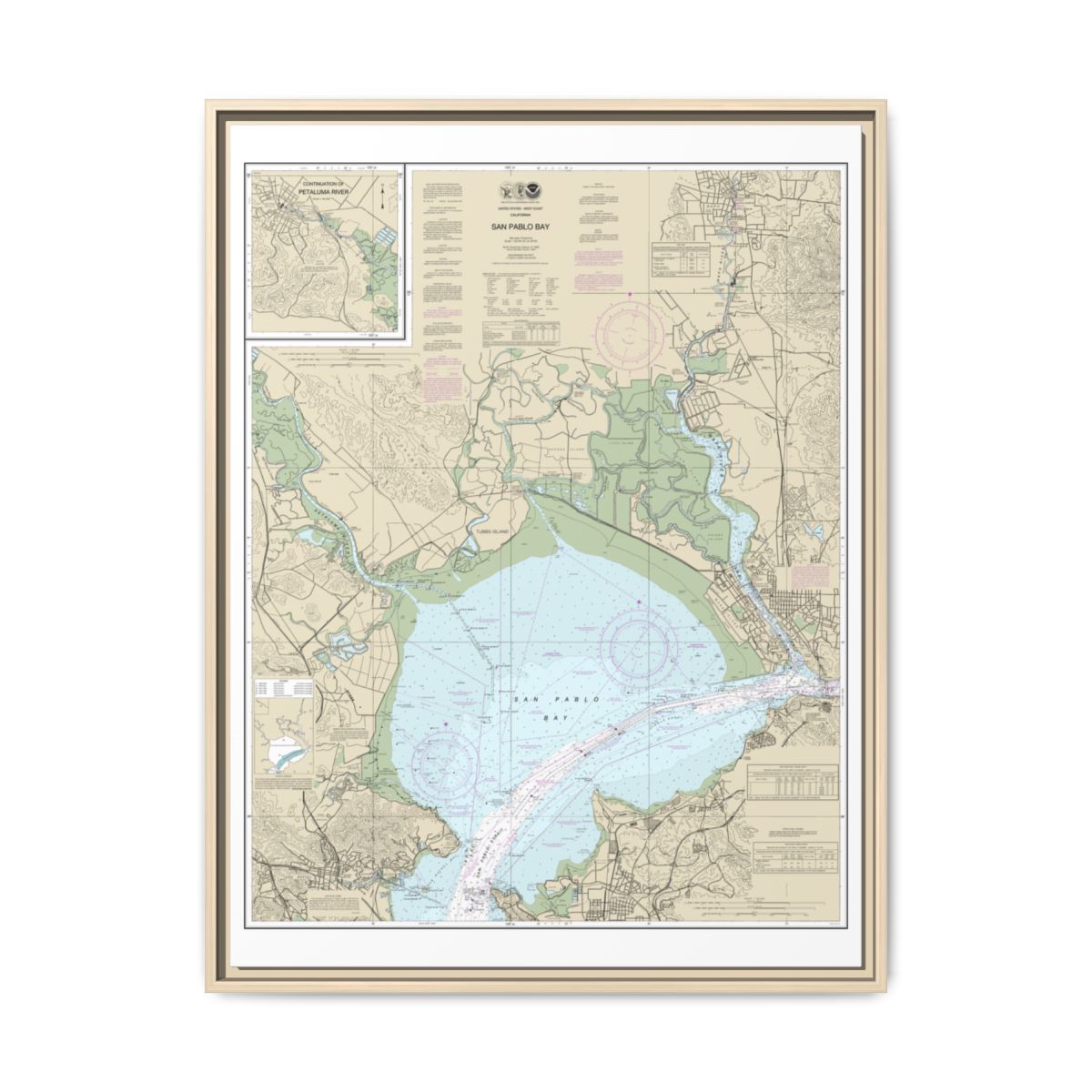 Chart 18654 San Pablo Bay - NOAA Nautical Chart Floating Frame Canvas | 24" x 32" | 30" x 40" - Natural front