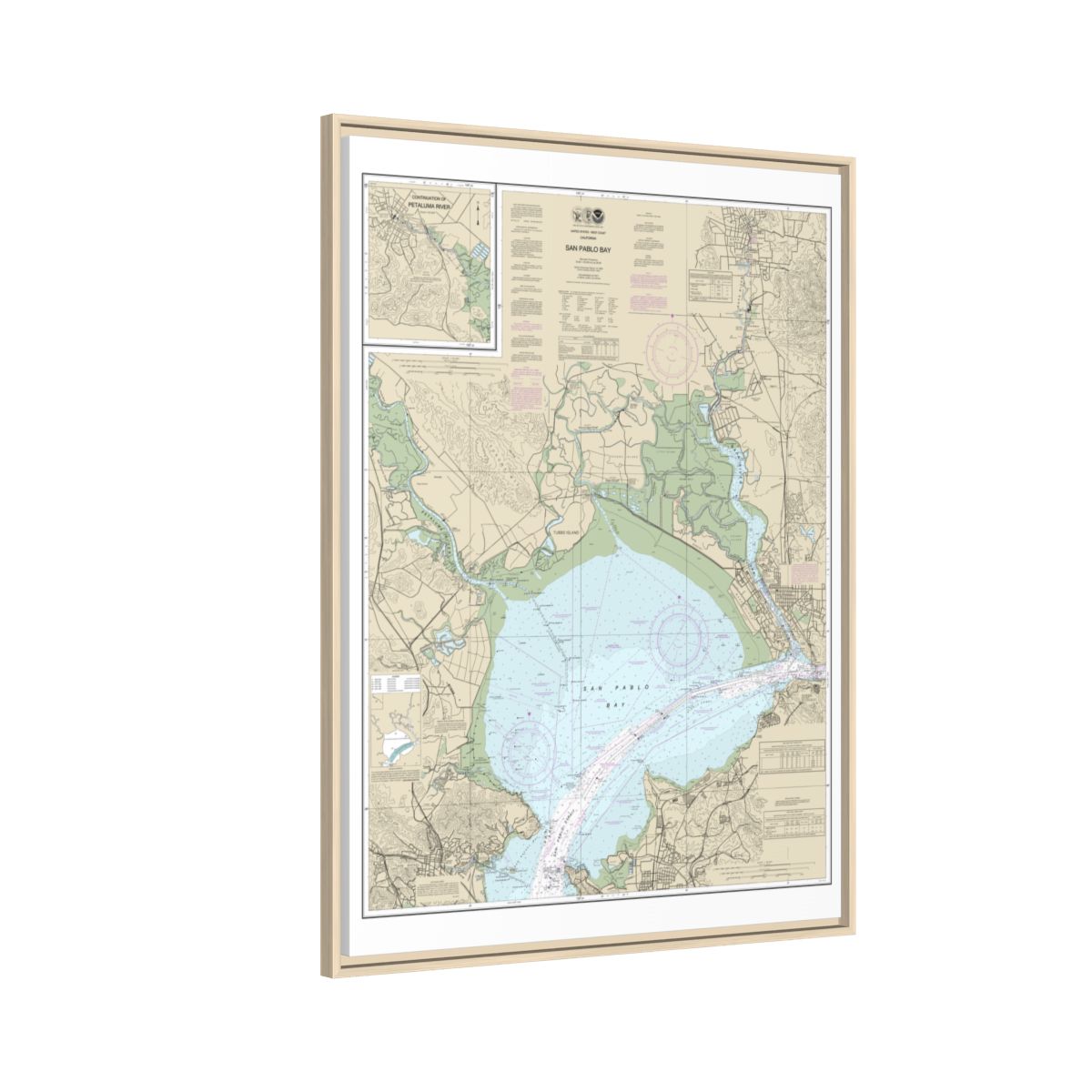 Chart 18654 San Pablo Bay - NOAA Nautical Chart Floating Frame Canvas | 24" x 32" | 30" x 40" - Natural side