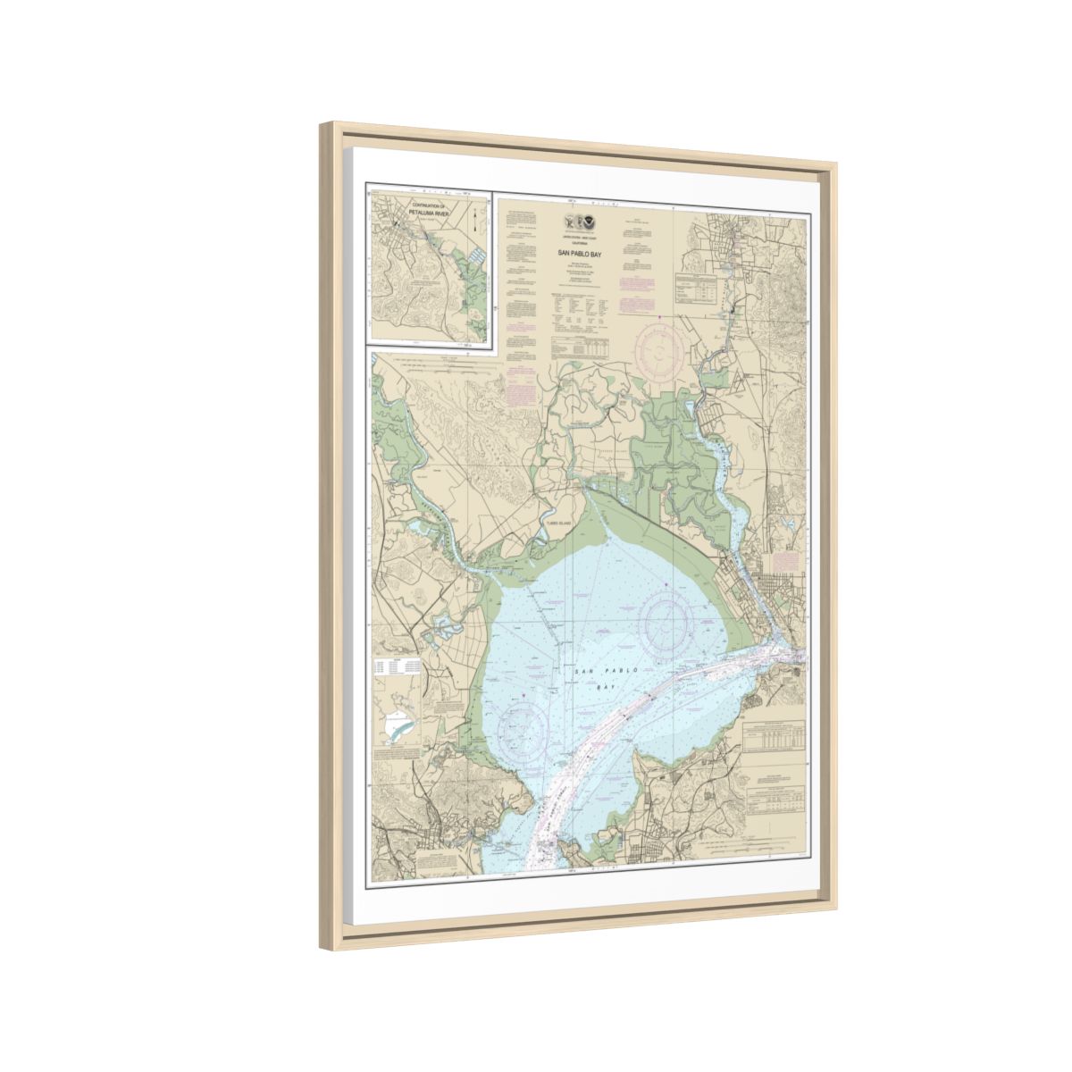 Chart 18654 San Pablo Bay - NOAA Nautical Chart Floating Frame Canvas | 24" x 32" | 30" x 40" - Natural side