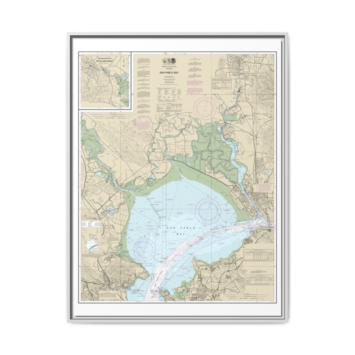 Chart 18654 San Pablo Bay - NOAA Nautical Chart Floating Frame Canvas | 24" x 32" | 30" x 40" - White front