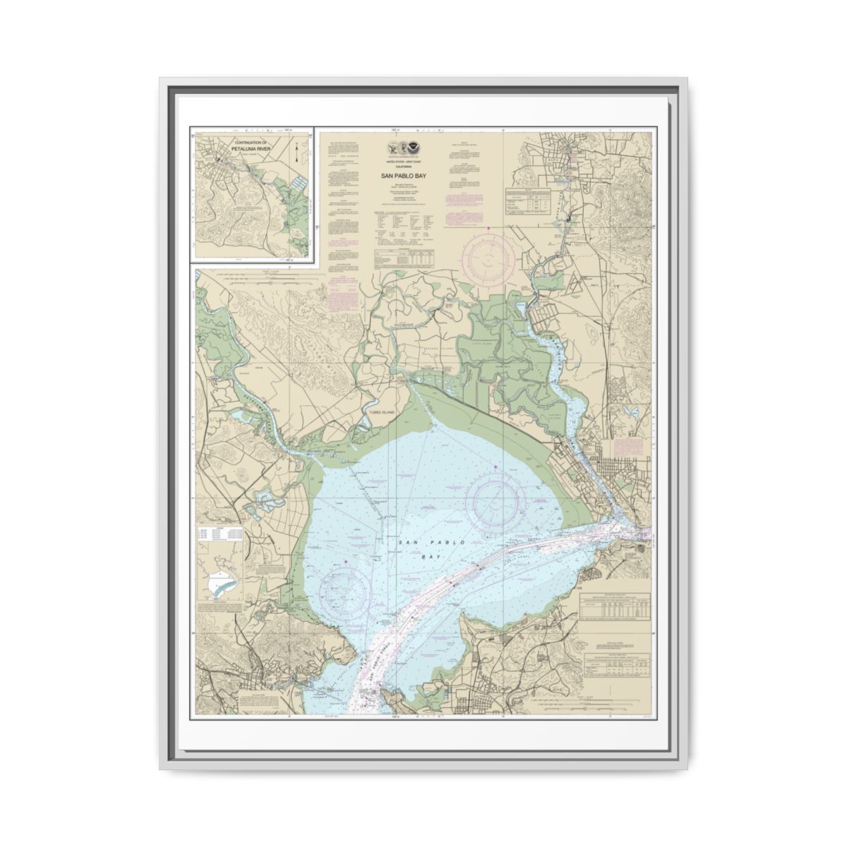 Chart 18654 San Pablo Bay - NOAA Nautical Chart Floating Frame Canvas | 24" x 32" | 30" x 40" - White front