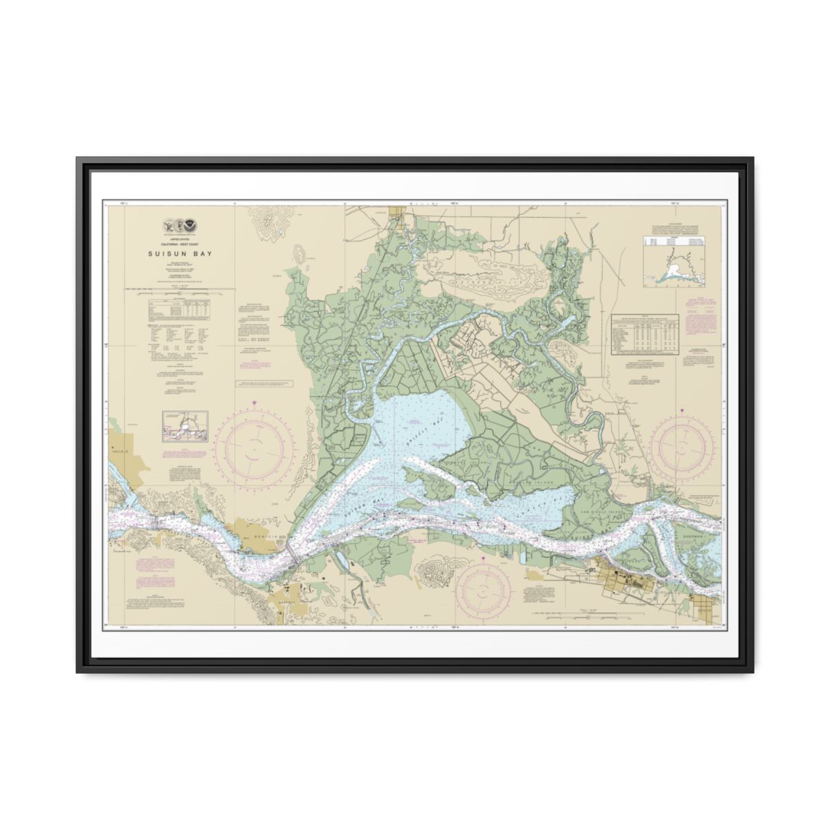 Chart 18656 Suisun Bay - NOAA Nautical Chart Floating Frame Canvas | 32" x 24" | 40" x 30" - Black front