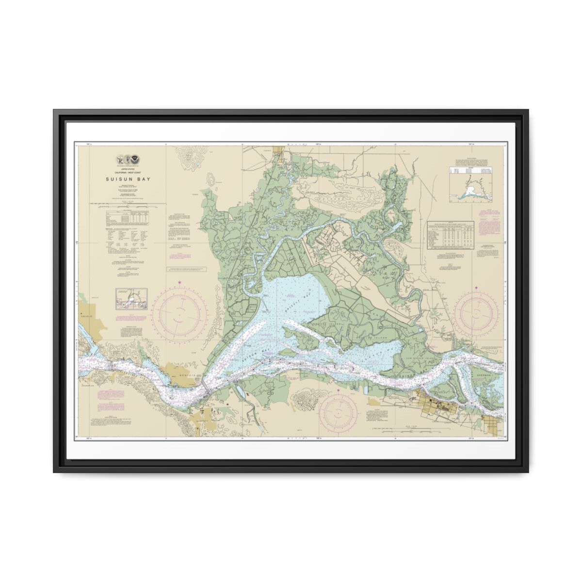 Chart 18656 Suisun Bay - NOAA Nautical Chart Floating Frame Canvas | 32" x 24" | 40" x 30" - Black front