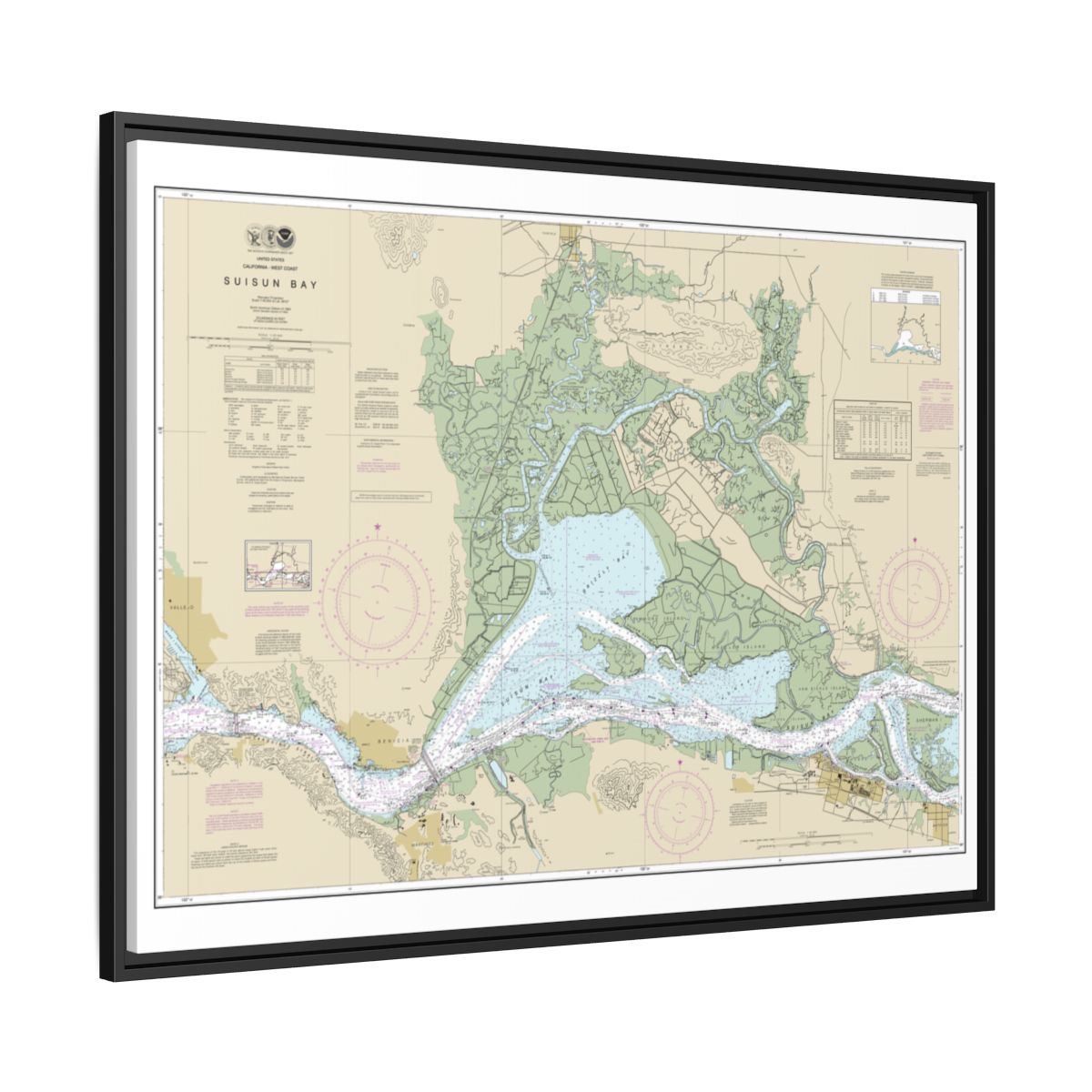 Chart 18656 Suisun Bay - NOAA Nautical Chart Floating Frame Canvas | 32" x 24" | 40" x 30" - Black side