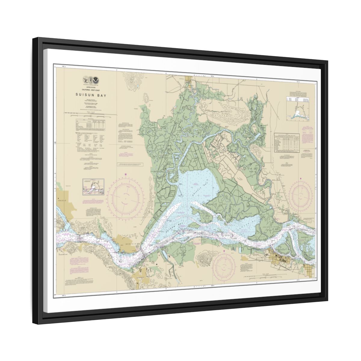 Chart 18656 Suisun Bay - NOAA Nautical Chart Floating Frame Canvas | 32" x 24" | 40" x 30" - Black side