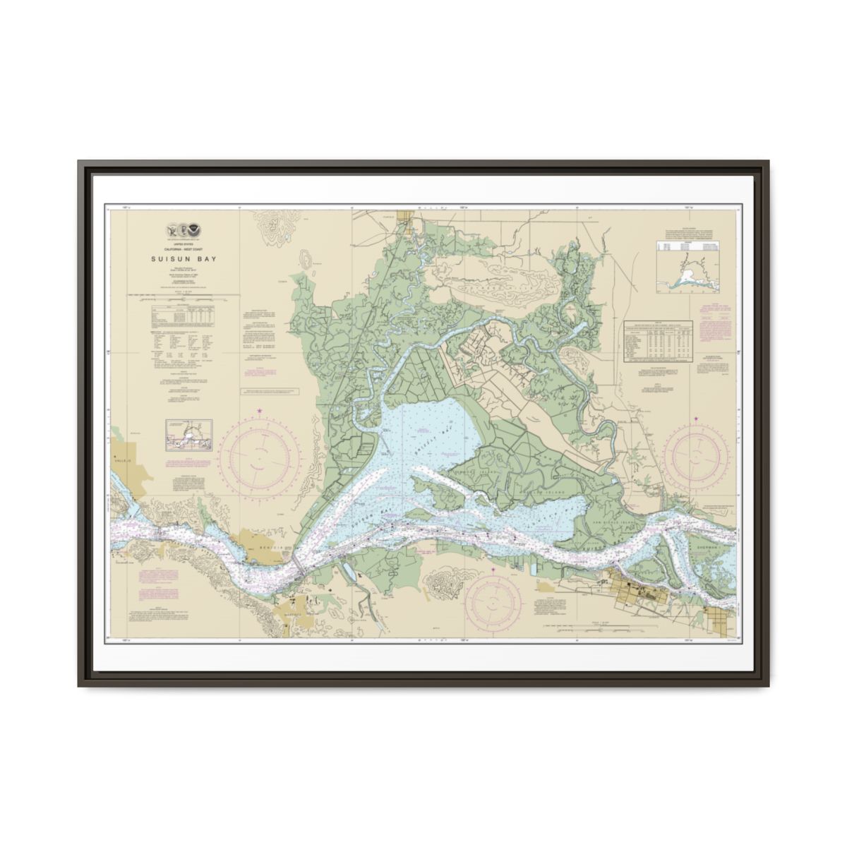 Chart 18656 Suisun Bay - NOAA Nautical Chart Floating Frame Canvas | 32" x 24" | 40" x 30" - Espresso front