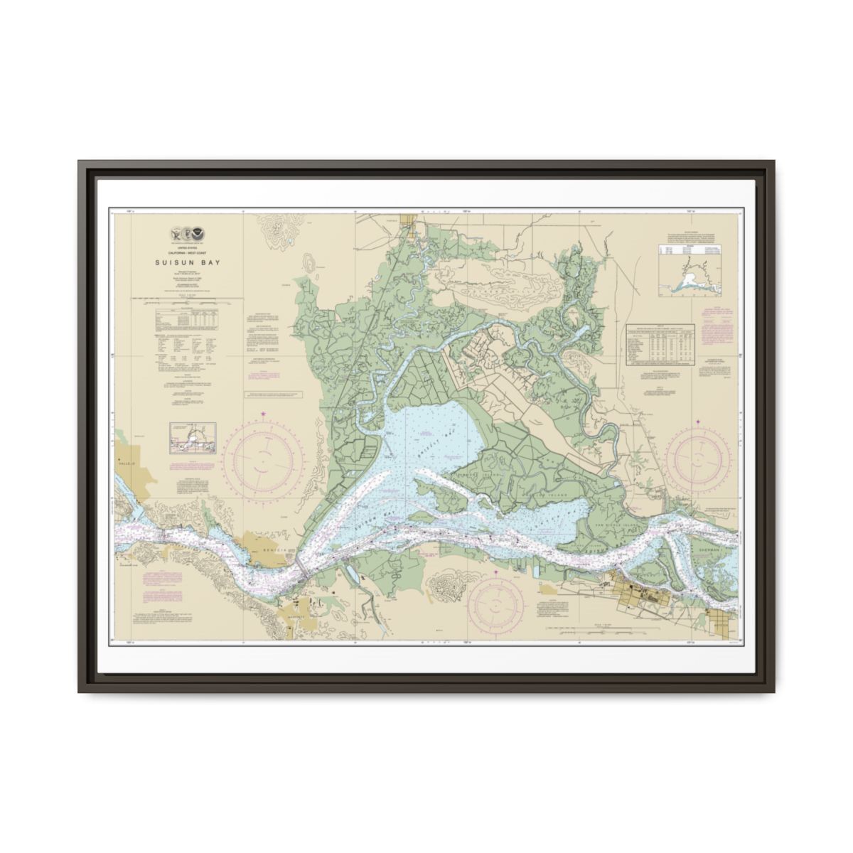 Chart 18656 Suisun Bay - NOAA Nautical Chart Floating Frame Canvas | 32" x 24" | 40" x 30" - Espresso front