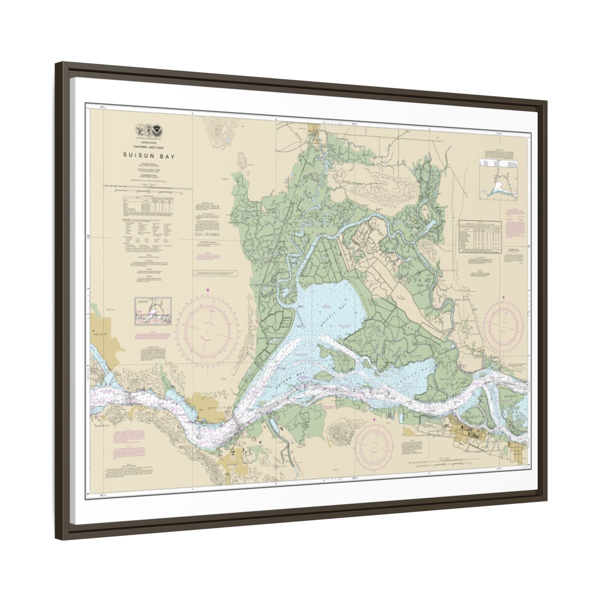 Chart 18656 Suisun Bay - NOAA Nautical Chart Floating Frame Canvas | 32" x 24" | 40" x 30" - Espresso side