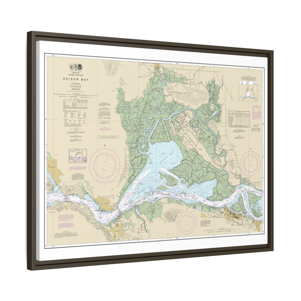 Chart 18656 Suisun Bay - NOAA Nautical Chart Floating Frame Canvas | 32" x 24" | 40" x 30" - Espresso side