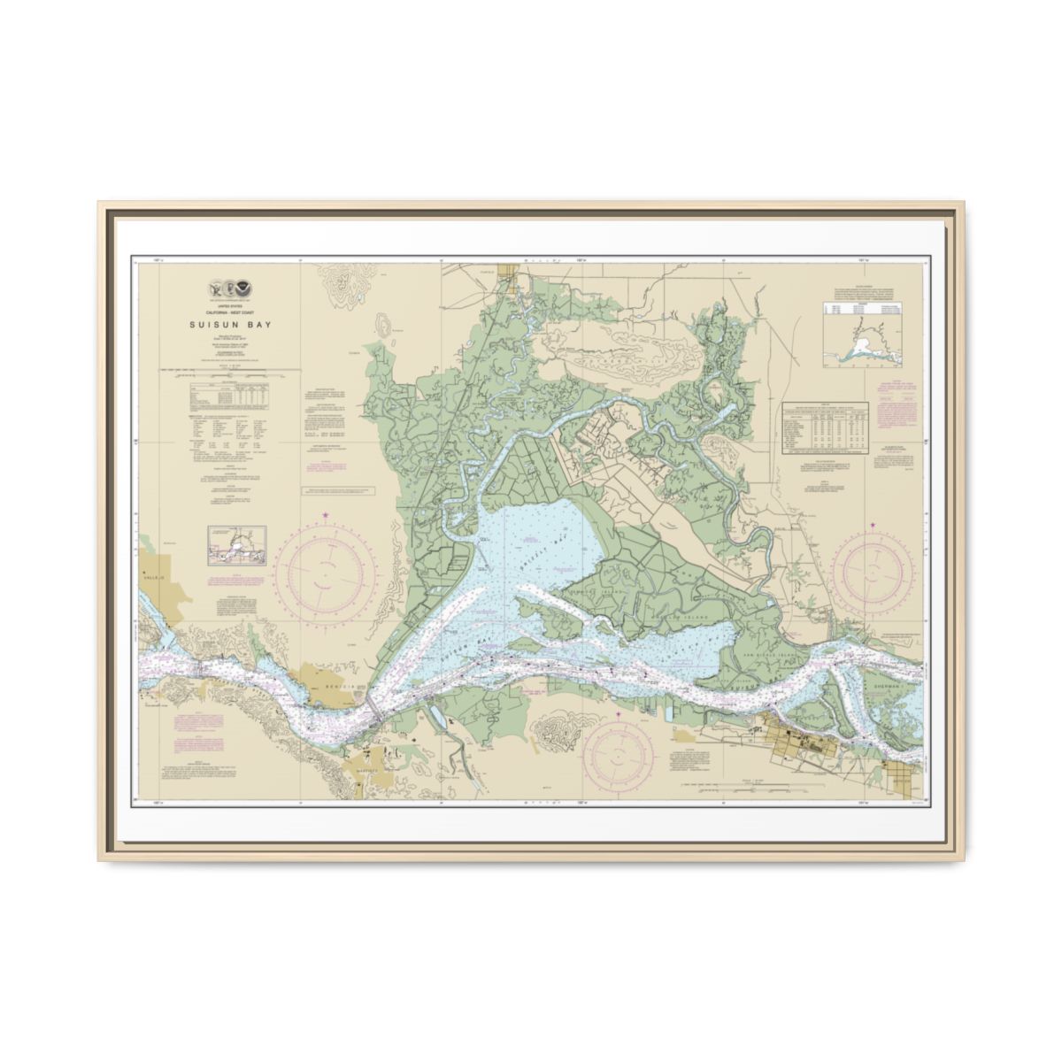 Chart 18656 Suisun Bay - NOAA Nautical Chart Floating Frame Canvas | 32" x 24" | 40" x 30" - Natural front