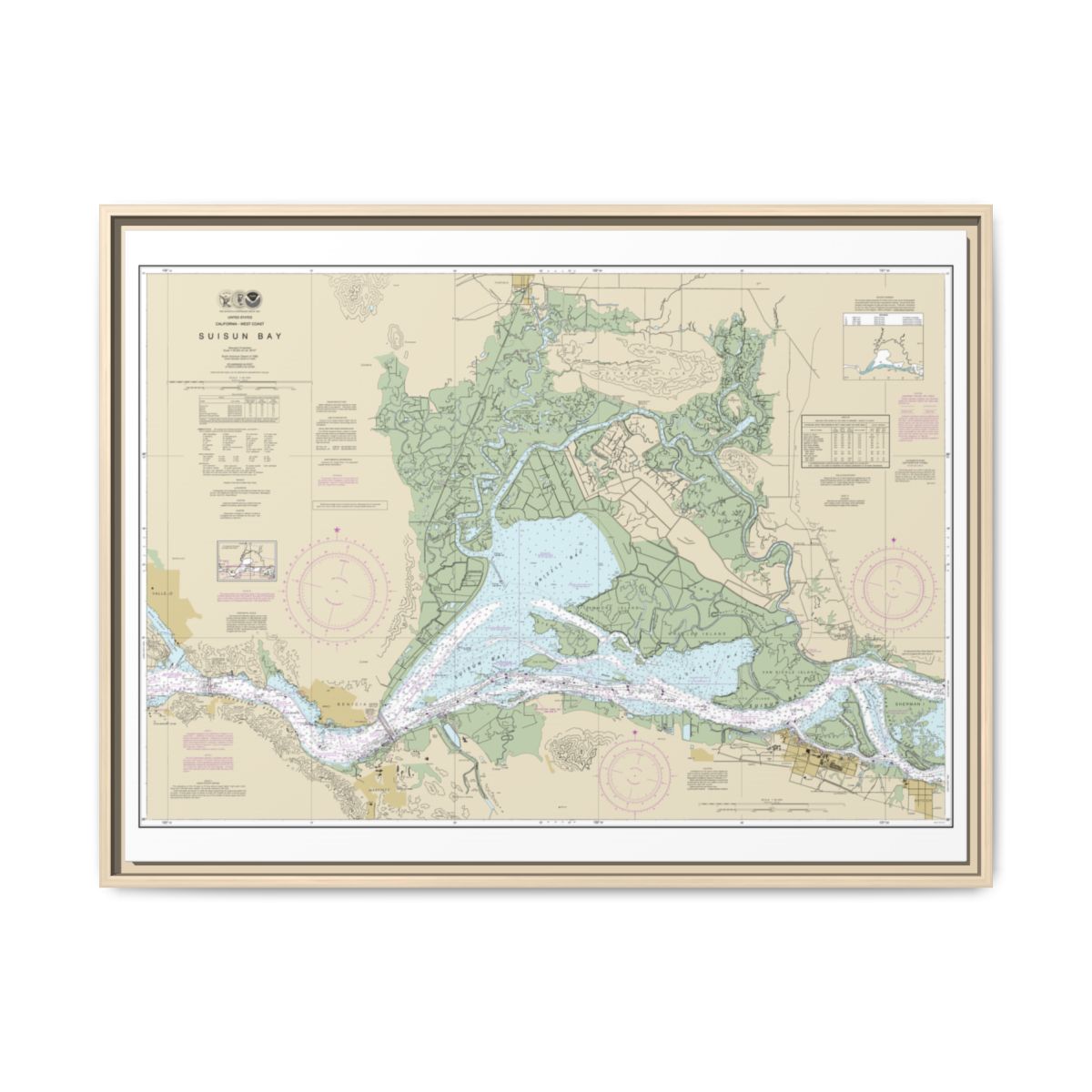 Chart 18656 Suisun Bay - NOAA Nautical Chart Floating Frame Canvas | 32" x 24" | 40" x 30" - Natural front