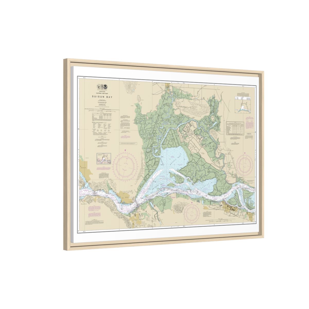 Chart 18656 Suisun Bay - NOAA Nautical Chart Floating Frame Canvas | 32" x 24" | 40" x 30" - Natural side