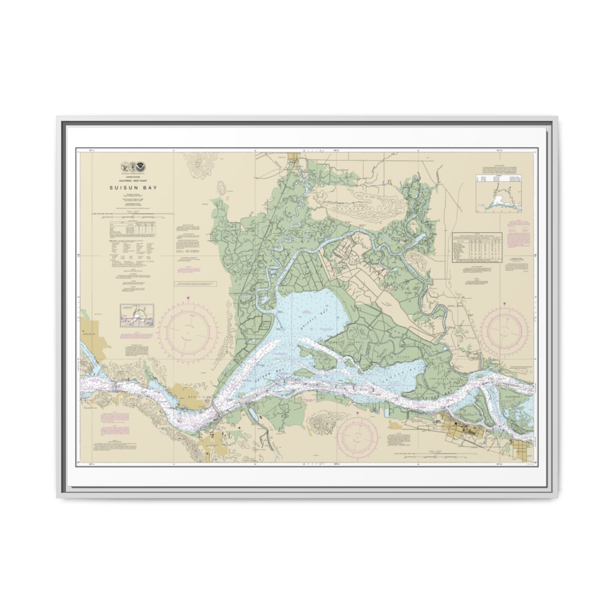 Chart 18656 Suisun Bay - NOAA Nautical Chart Floating Frame Canvas | 32" x 24" | 40" x 30" - White front