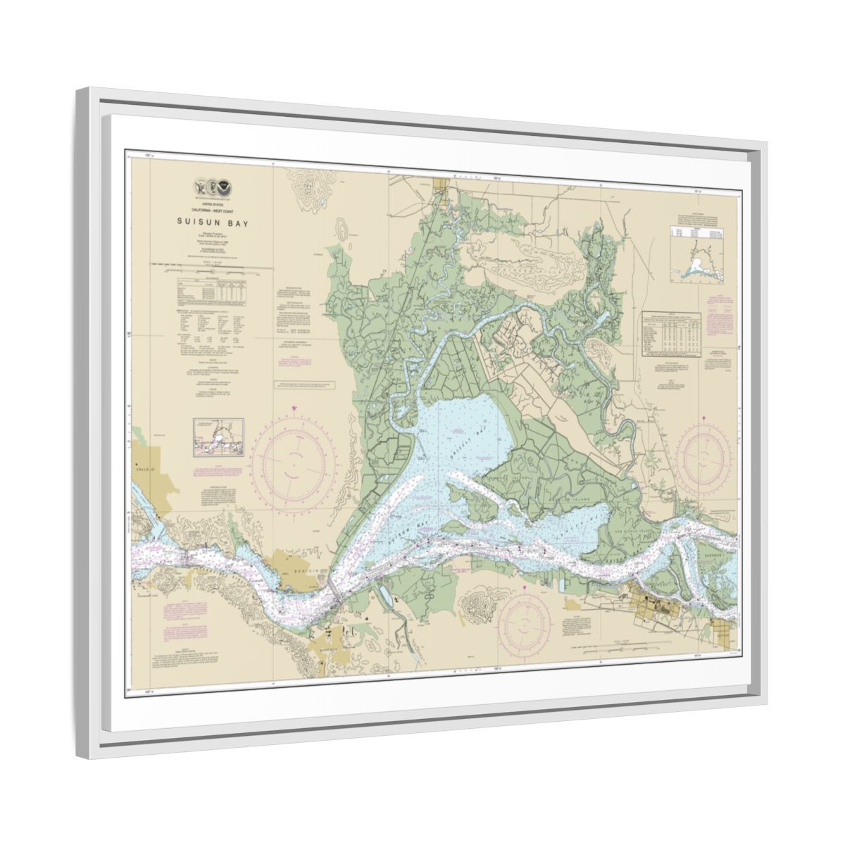 Chart 18656 Suisun Bay - NOAA Nautical Chart Floating Frame Canvas | 32" x 24" | 40" x 30" - White side