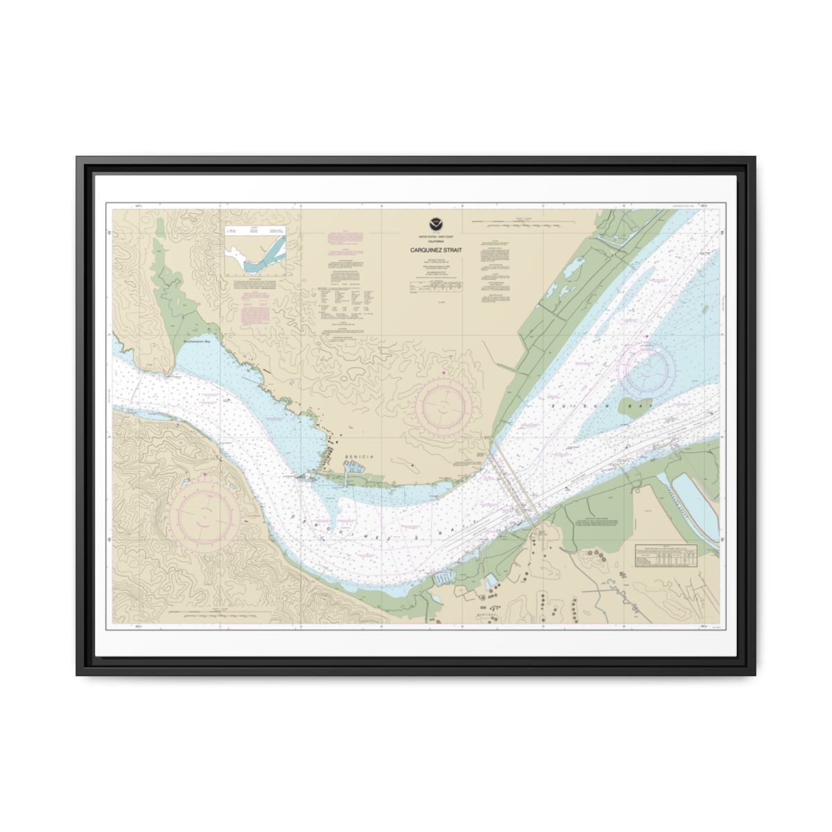 Chart 18657 Carquinez Strait - NOAA Nautical Chart Floating Frame Canvas | 32" x 24" | 40" x 30" - Black front