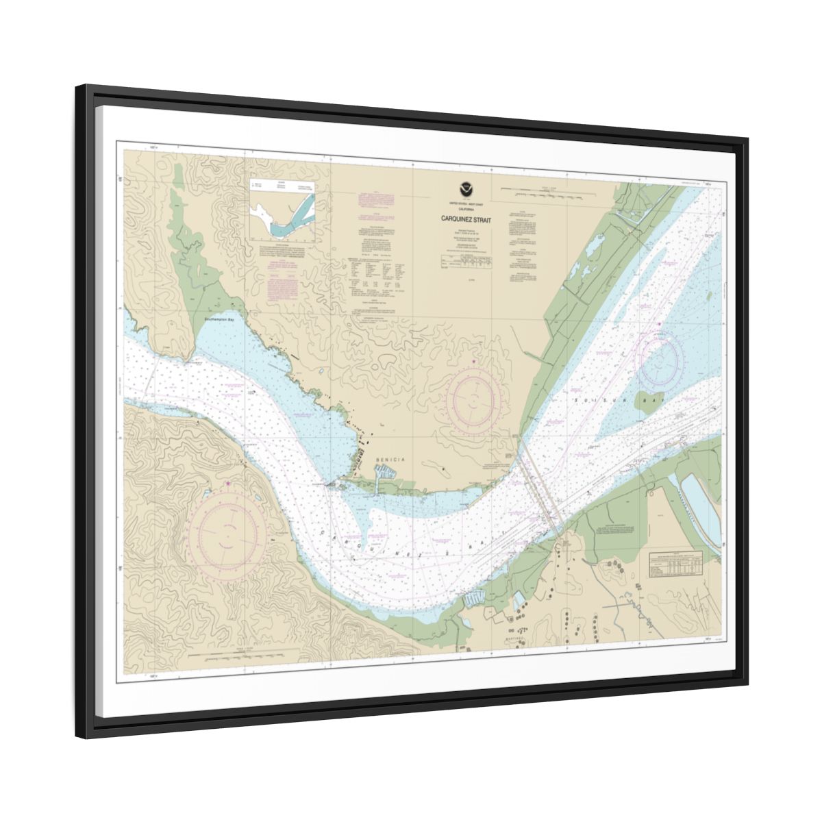 Chart 18657 Carquinez Strait - NOAA Nautical Chart Floating Frame Canvas | 32" x 24" | 40" x 30" - Black side