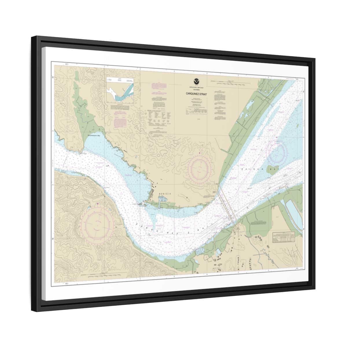 Chart 18657 Carquinez Strait - NOAA Nautical Chart Floating Frame Canvas | 32" x 24" | 40" x 30" - Black side