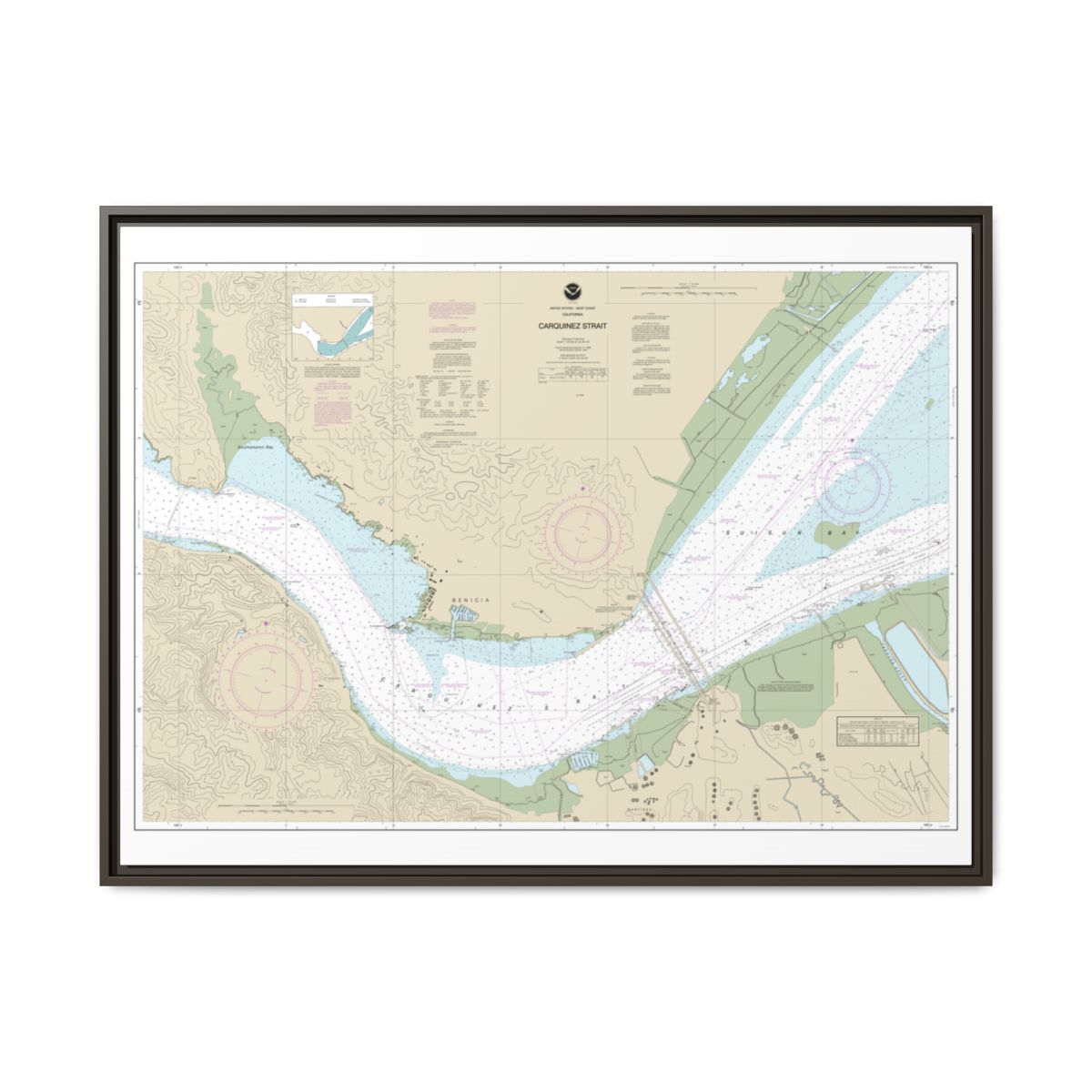 Chart 18657 Carquinez Strait - NOAA Nautical Chart Floating Frame Canvas | 32" x 24" | 40" x 30" - Espresso front