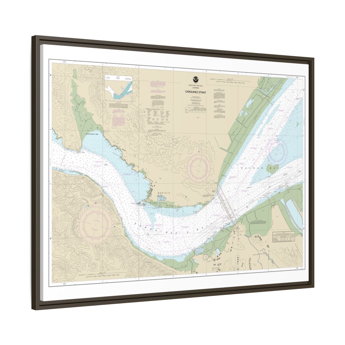 Chart 18657 Carquinez Strait - NOAA Nautical Chart Floating Frame Canvas | 32" x 24" | 40" x 30" - Espresso side
