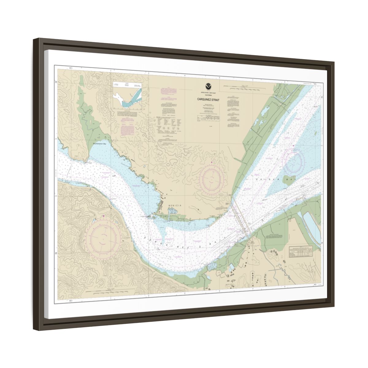 Chart 18657 Carquinez Strait - NOAA Nautical Chart Floating Frame Canvas | 32" x 24" | 40" x 30" - Espresso side