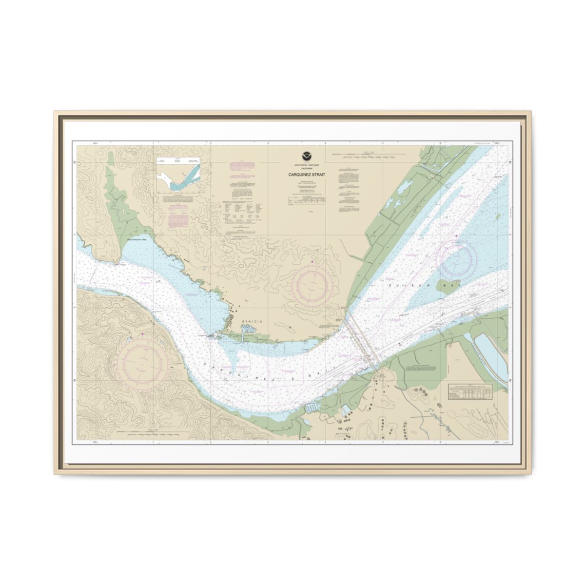 Chart 18657 Carquinez Strait - NOAA Nautical Chart Floating Frame Canvas | 32" x 24" | 40" x 30" - Natural front