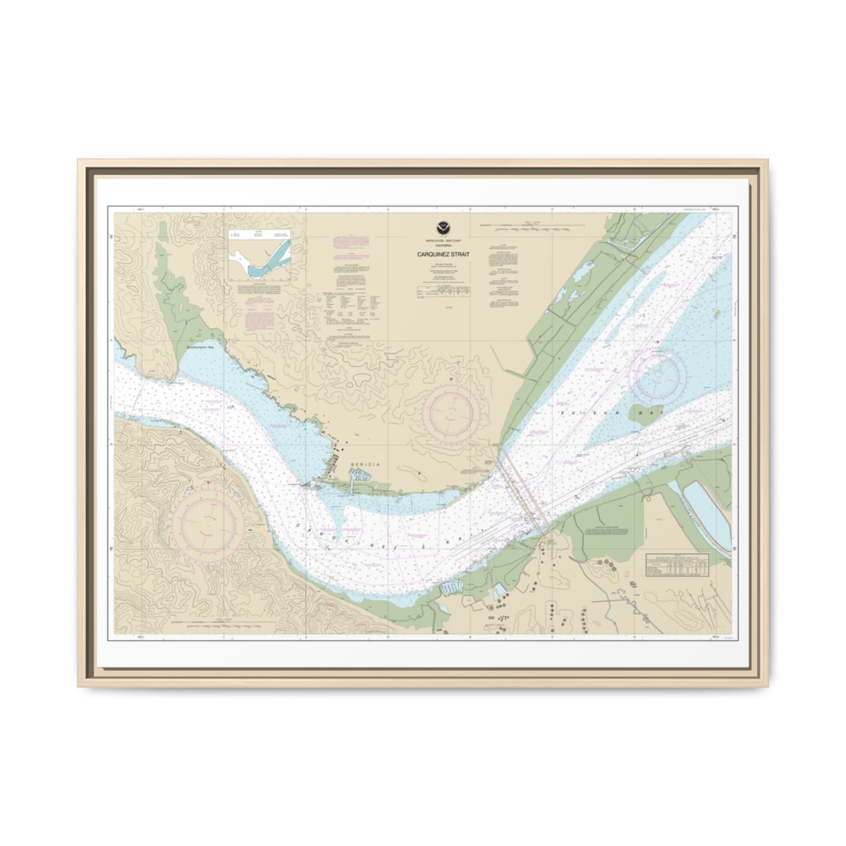 Chart 18657 Carquinez Strait - NOAA Nautical Chart Floating Frame Canvas | 32" x 24" | 40" x 30" - Natural front