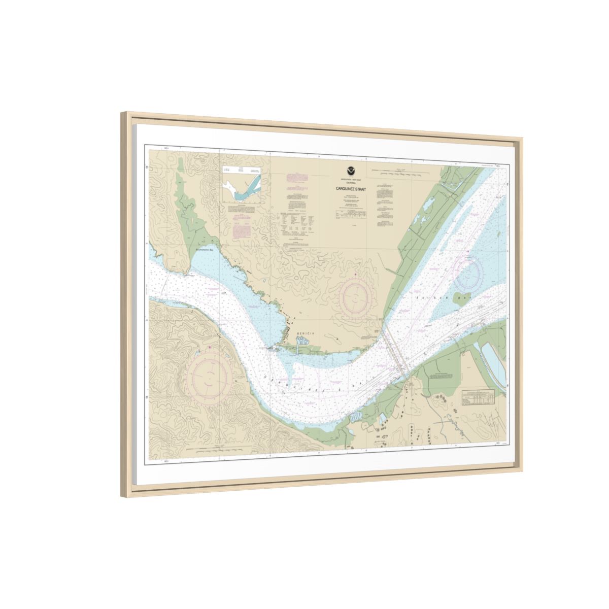 Chart 18657 Carquinez Strait - NOAA Nautical Chart Floating Frame Canvas | 32" x 24" | 40" x 30" - Natural side