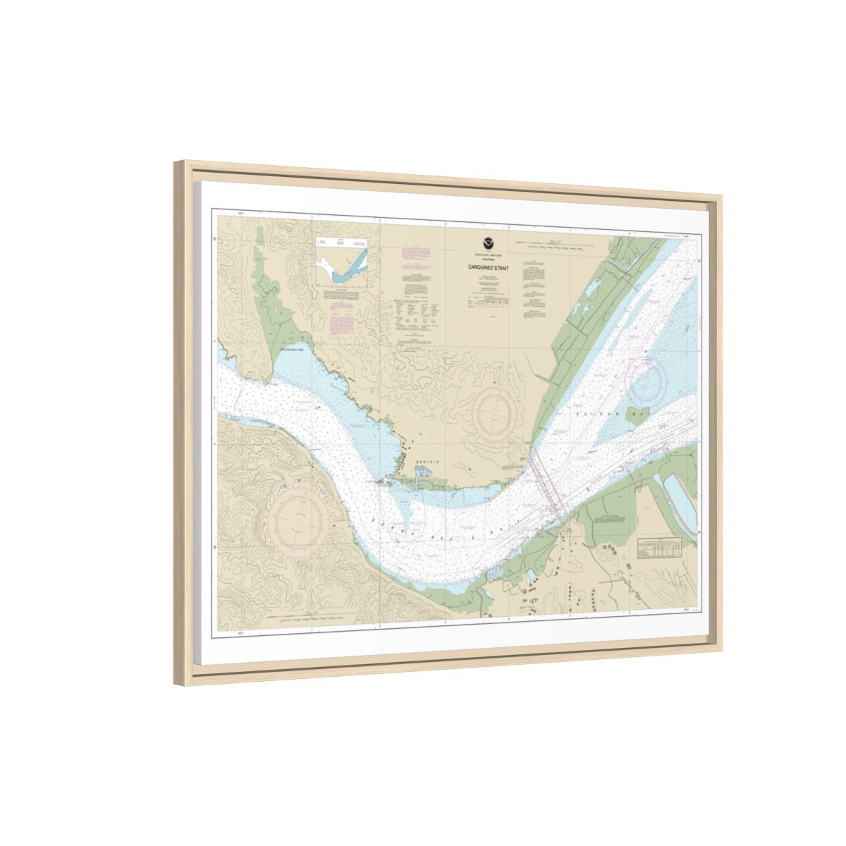 Chart 18657 Carquinez Strait - NOAA Nautical Chart Floating Frame Canvas | 32" x 24" | 40" x 30" - Natural side