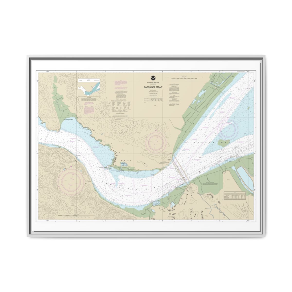 Chart 18657 Carquinez Strait - NOAA Nautical Chart Floating Frame Canvas | 32" x 24" | 40" x 30" - White front