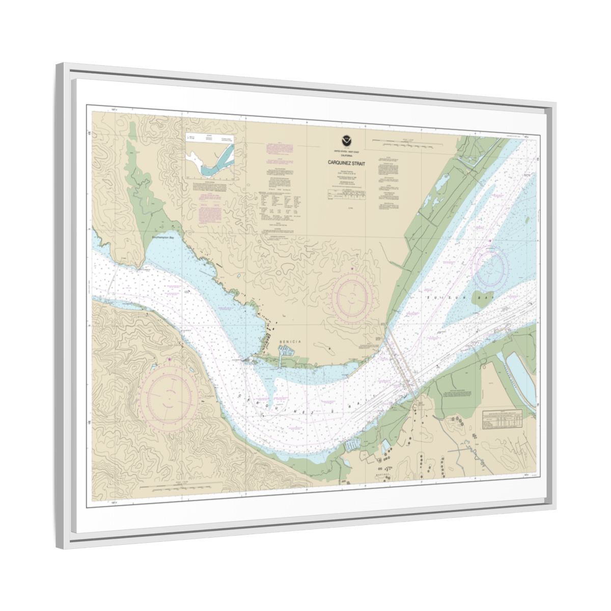 Chart 18657 Carquinez Strait - NOAA Nautical Chart Floating Frame Canvas | 32" x 24" | 40" x 30" - White side