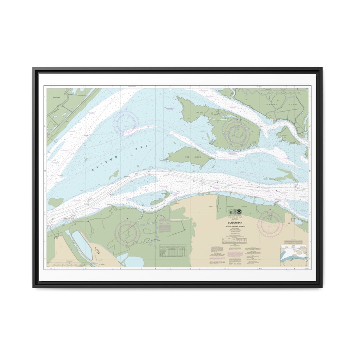 Chart 18658 SUISUN BAY-Roe Island and vicinity - NOAA Nautical Chart Floating Frame Canvas | 32" x 24" | 40" x 30" - Black front