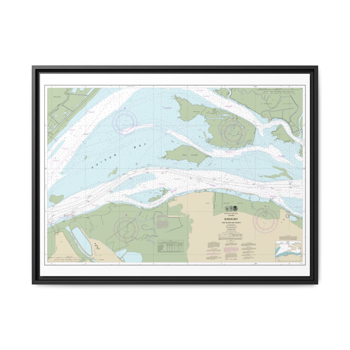 Chart 18658 SUISUN BAY-Roe Island and vicinity - NOAA Nautical Chart Floating Frame Canvas | 32" x 24" | 40" x 30" - Black front