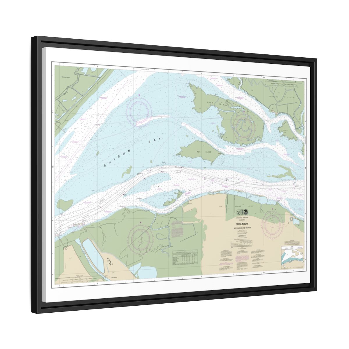 Chart 18658 SUISUN BAY-Roe Island and vicinity - NOAA Nautical Chart Floating Frame Canvas | 32" x 24" | 40" x 30" - Black side