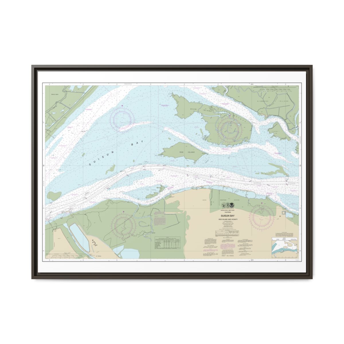 Chart 18658 SUISUN BAY-Roe Island and vicinity - NOAA Nautical Chart Floating Frame Canvas | 32" x 24" | 40" x 30" - Espresso front