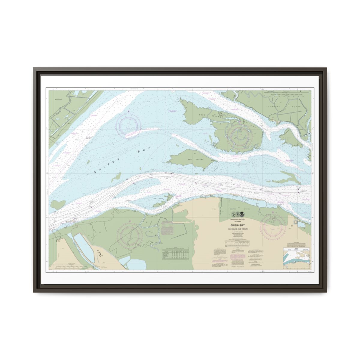 Chart 18658 SUISUN BAY-Roe Island and vicinity - NOAA Nautical Chart Floating Frame Canvas | 32" x 24" | 40" x 30" - Espresso front