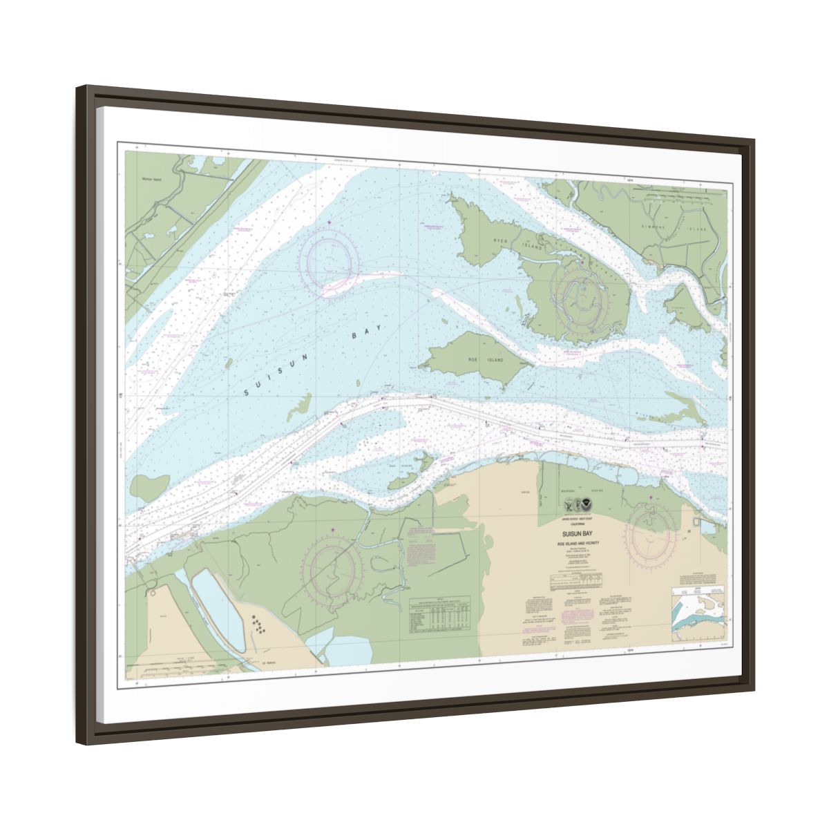 Chart 18658 SUISUN BAY-Roe Island and vicinity - NOAA Nautical Chart Floating Frame Canvas | 32" x 24" | 40" x 30" - Espresso side